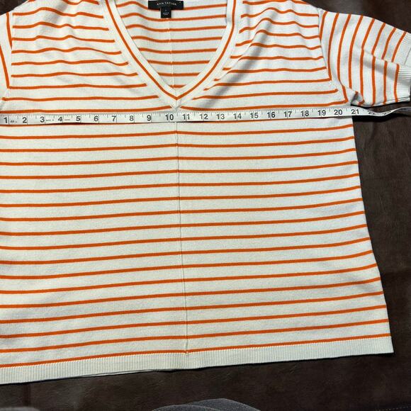 Ann Taylor Orange White Striped V-Neck Sweater Top Size‎ S SP22 Short Sleeve - Picture 13 of 15